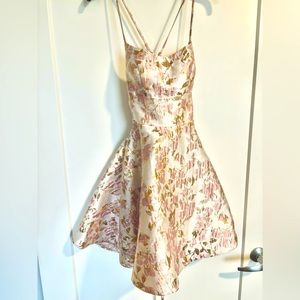 Junior Dress- Stunning, worn once!  Beautiful brocade with pink flowers.